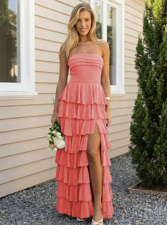 Chiffon Strapless Tiered Long Bridesmaid Dresses with Slit