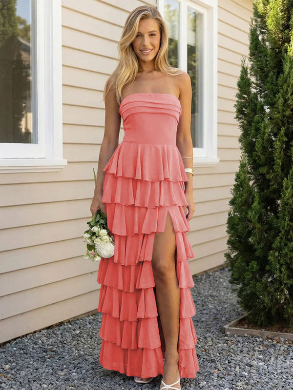 Chiffon Strapless Tiered Long Bridesmaid Dresses with Slit