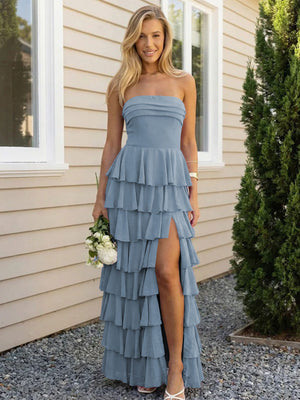 Chiffon Strapless Tiered Long Bridesmaid Dresses with Slit
