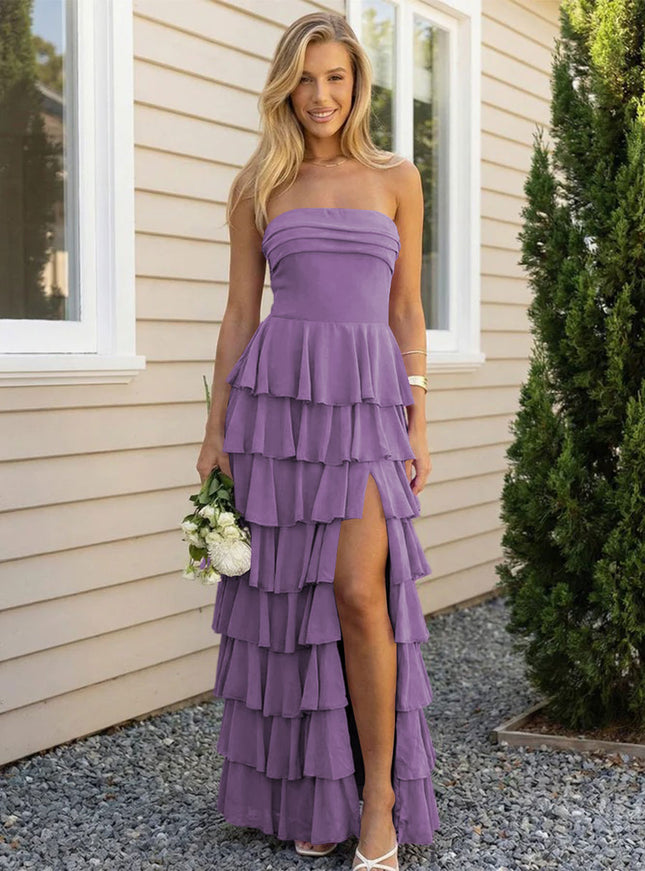 Chiffon Strapless Tiered Long Bridesmaid Dresses with Slit