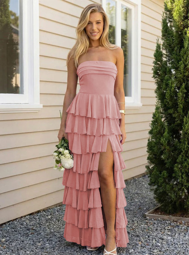 Chiffon Strapless Tiered Long Bridesmaid Dresses with Slit