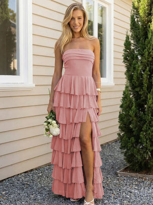 Chiffon Strapless Tiered Long Bridesmaid Dresses with Slit