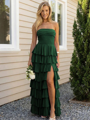 Chiffon Strapless Tiered Long Bridesmaid Dresses with Slit