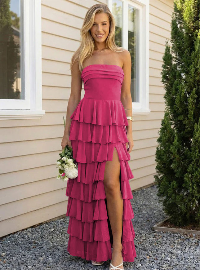 Chiffon Strapless Tiered Long Bridesmaid Dresses with Slit