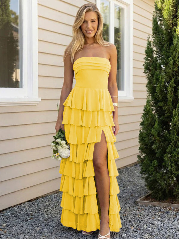 Chiffon Strapless Tiered Long Bridesmaid Dresses with Slit