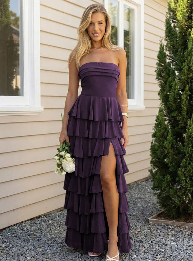 Chiffon Strapless Tiered Long Bridesmaid Dresses with Slit