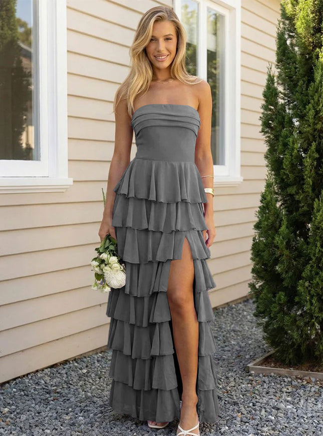 Chiffon Strapless Tiered Long Bridesmaid Dresses with Slit