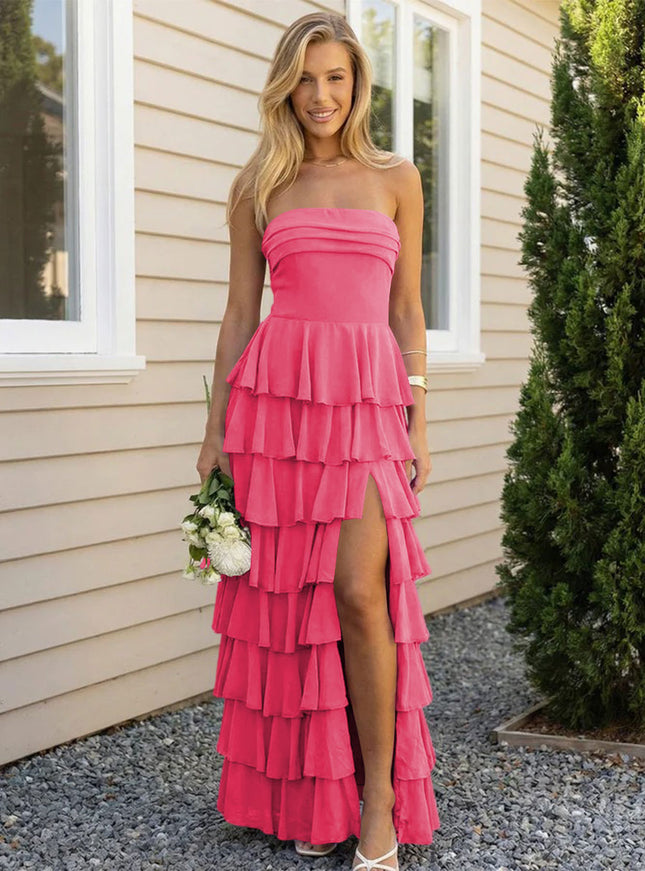 Chiffon Strapless Tiered Long Bridesmaid Dresses with Slit