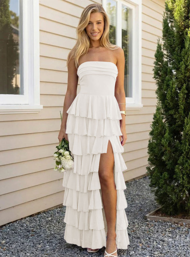 Chiffon Strapless Tiered Long Bridesmaid Dresses with Slit