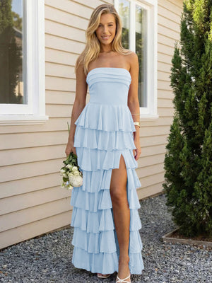 Chiffon Strapless Tiered Long Bridesmaid Dresses with Slit