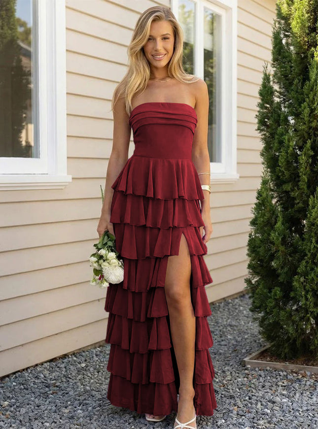 Chiffon Strapless Tiered Long Bridesmaid Dresses with Slit