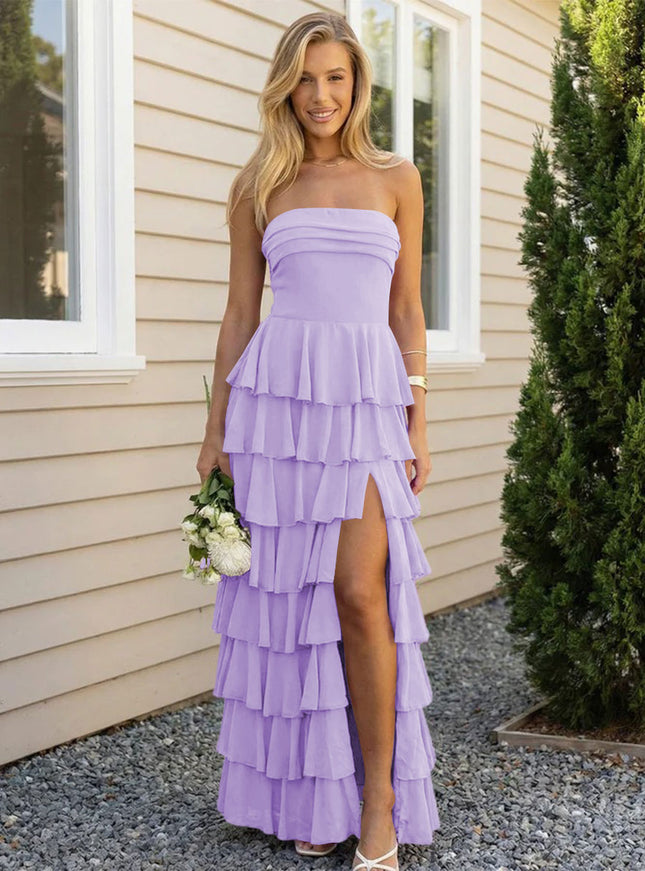 Chiffon Strapless Tiered Long Bridesmaid Dresses with Slit