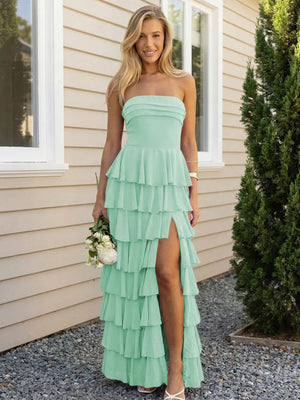 Chiffon Strapless Tiered Long Bridesmaid Dresses with Slit