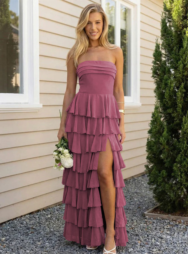 Chiffon Strapless Tiered Long Bridesmaid Dresses with Slit