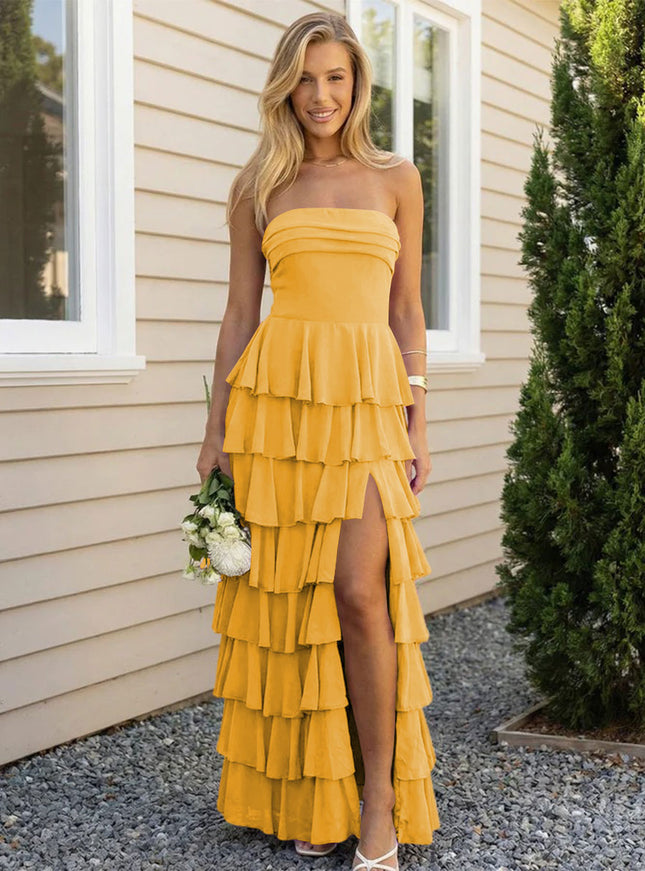 Chiffon Strapless Tiered Long Bridesmaid Dresses with Slit