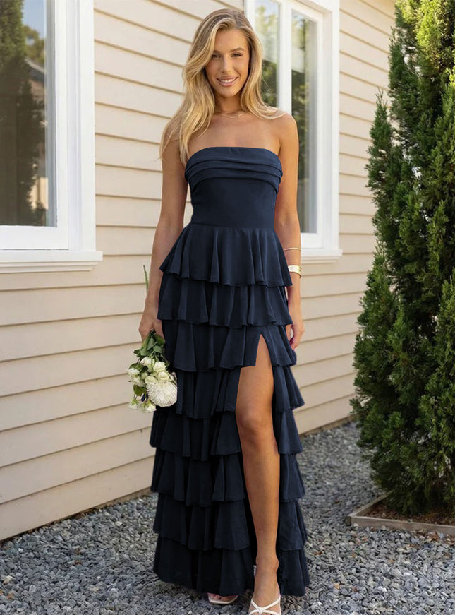 Chiffon Strapless Tiered Long Bridesmaid Dresses with Slit