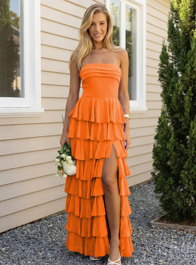 Chiffon Strapless Tiered Long Bridesmaid Dresses with Slit