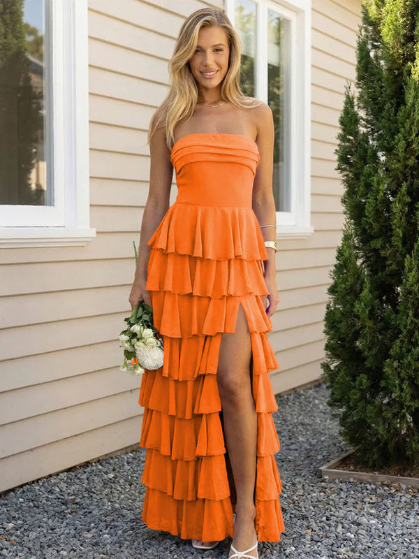Chiffon Strapless Tiered Long Bridesmaid Dresses with Slit