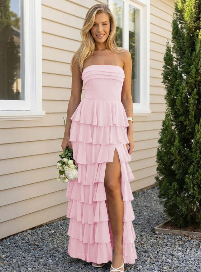 Chiffon Strapless Tiered Long Bridesmaid Dresses with Slit