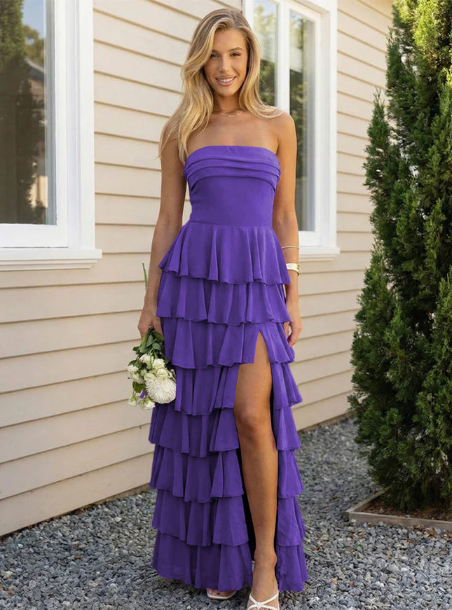 Chiffon Strapless Tiered Long Bridesmaid Dresses with Slit