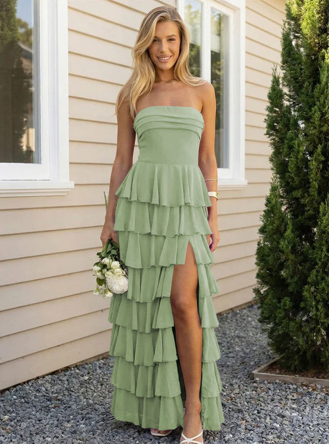 Chiffon Strapless Tiered Long Bridesmaid Dresses with Slit