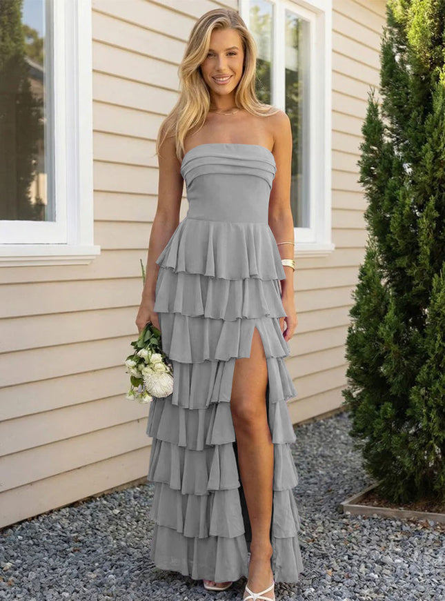 Chiffon Strapless Tiered Long Bridesmaid Dresses with Slit
