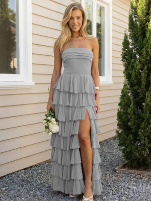 Chiffon Strapless Tiered Long Bridesmaid Dresses with Slit