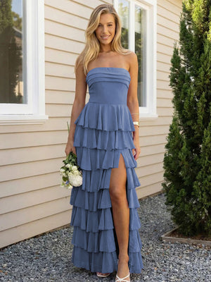 Chiffon Strapless Tiered Long Bridesmaid Dresses with Slit