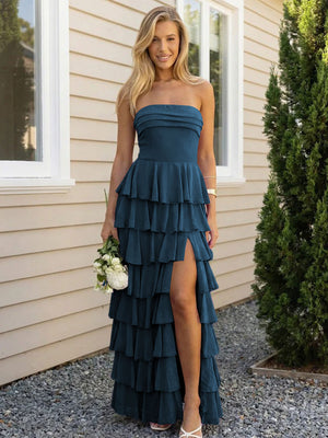 Chiffon Strapless Tiered Long Bridesmaid Dresses with Slit