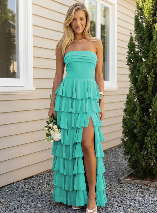 Chiffon Strapless Tiered Long Bridesmaid Dresses with Slit