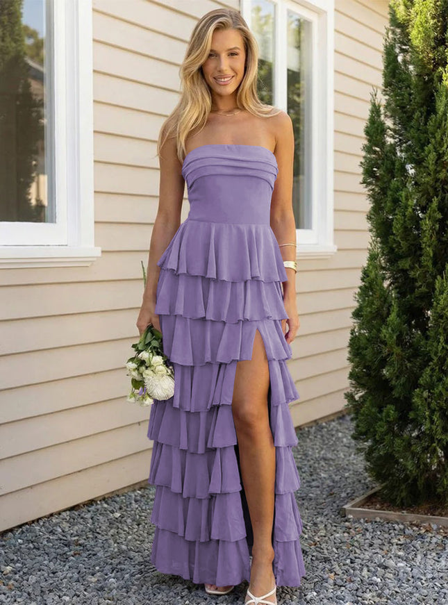 Chiffon Strapless Tiered Long Bridesmaid Dresses with Slit