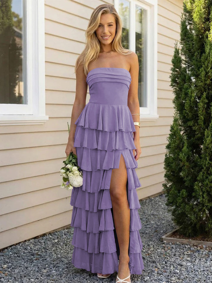 Chiffon Strapless Tiered Long Bridesmaid Dresses with Slit