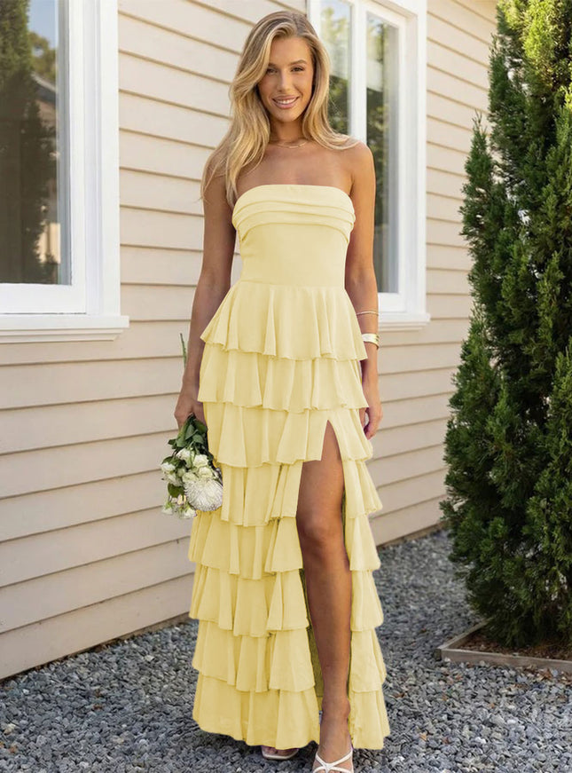 Chiffon Strapless Tiered Long Bridesmaid Dresses with Slit