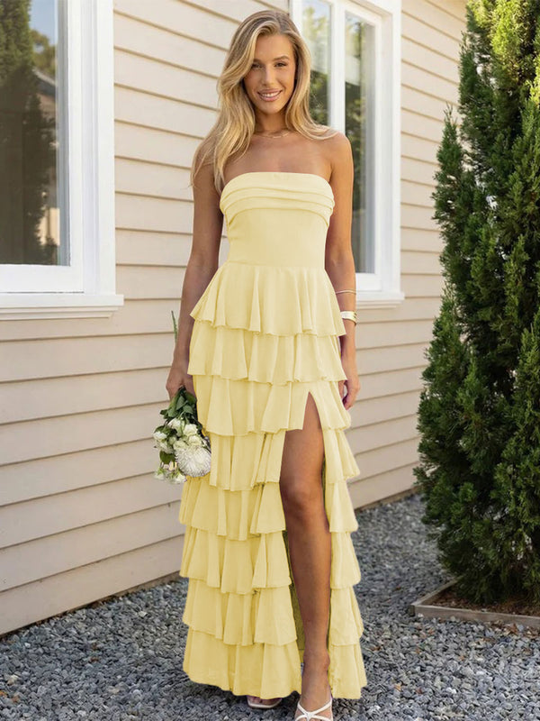Chiffon Strapless Tiered Long Bridesmaid Dresses with Slit