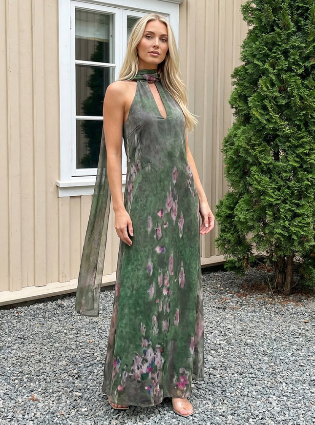 Chiffon Floral Halter Long Wedding Guest Dresses with Scarf