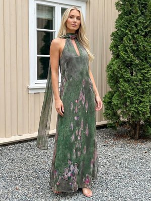 Chiffon Floral Halter Long Wedding Guest Dresses with Scarf