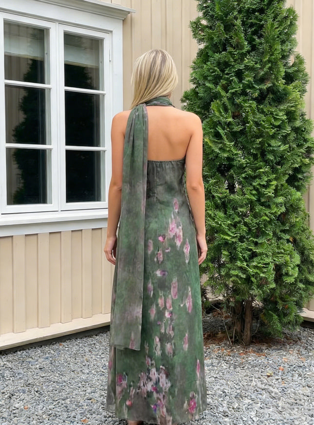 Chiffon Floral Halter Long Wedding Guest Dresses with Scarf