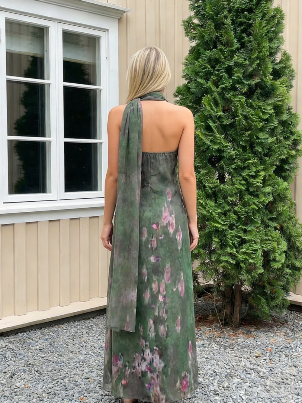 Chiffon Floral Halter Long Wedding Guest Dresses with Scarf