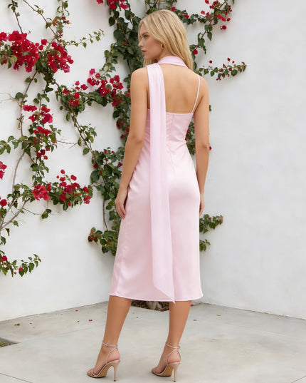 Satin V Neck Tea Length Bridesmaid Dresses with Scarf