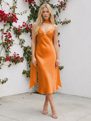 Satin V Neck Tea Length Bridesmaid Dresses with Scarf