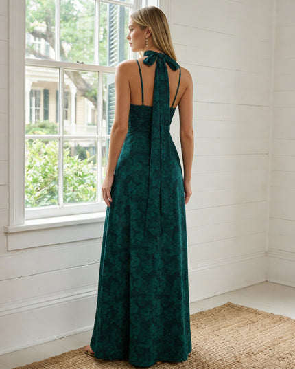 Satin Floral V Neck High Slit Bridesmaid Dresses with Scarf