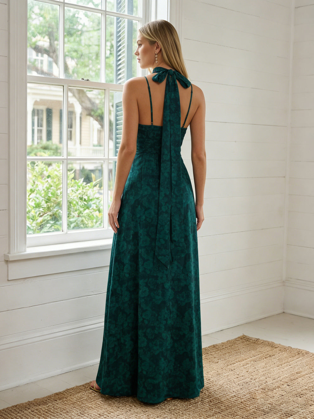 Satin Floral V Neck High Slit Bridesmaid Dresses with Scarf