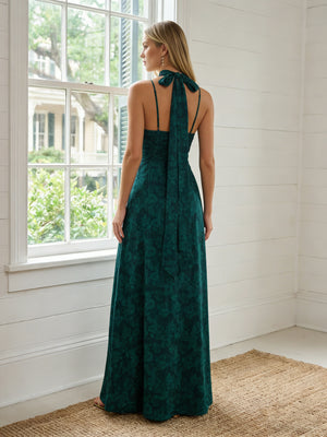 Satin Floral V Neck High Slit Formal Dresses with Scarf