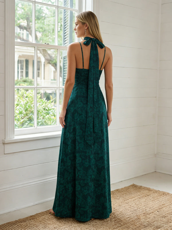 Satin Floral V Neck High Slit Formal Dresses with Scarf