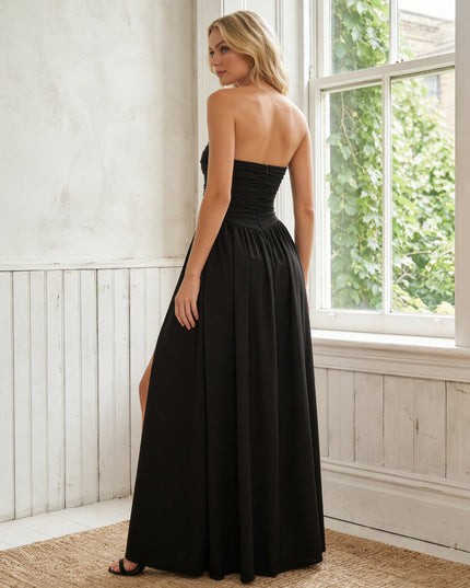 Chiffon Strapless Pleated Long Bridesmaid Dresses with Slit