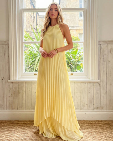 Chiffon Halter Pleated A Line Long Wedding Guest Dresses