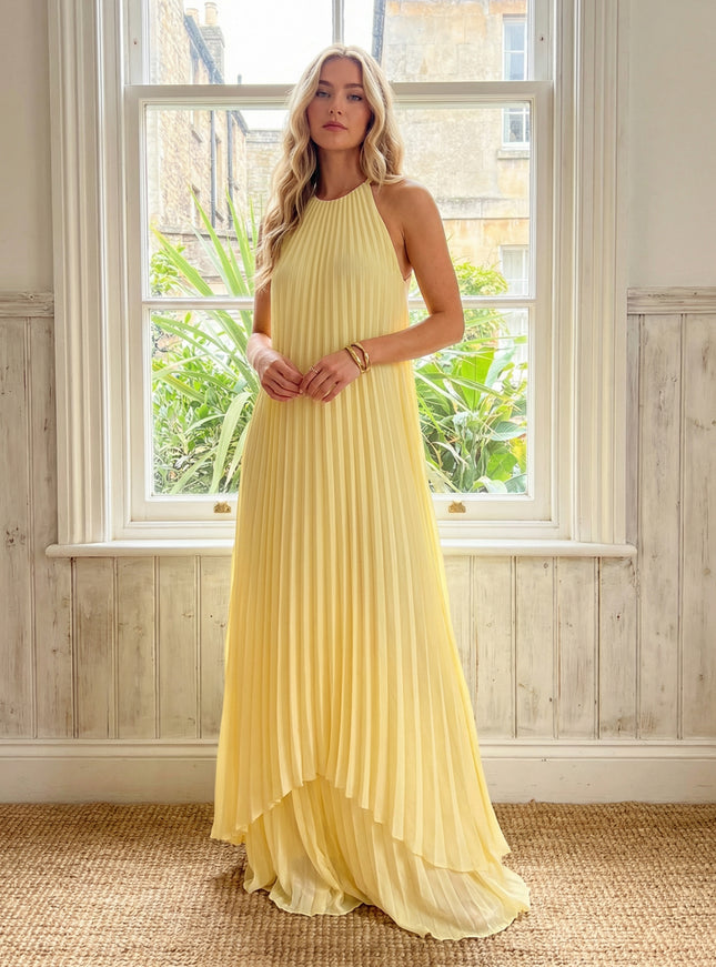 Chiffon Halter Pleated A Line Long Wedding Guest Dresses