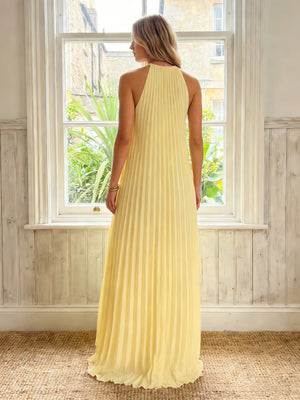 Chiffon Halter Pleated A Line Long Wedding Guest Dresses