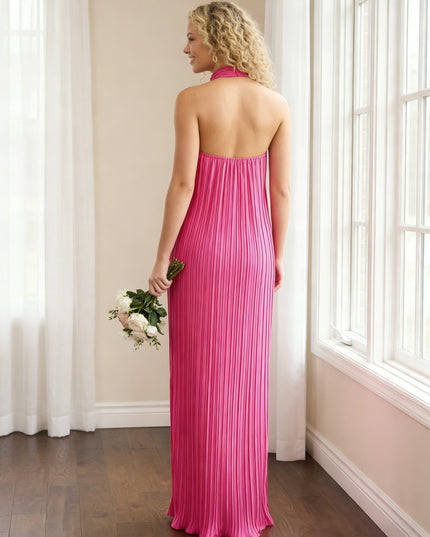 Chiffon Halter Pleated Column Long Wedding Guest Dresses