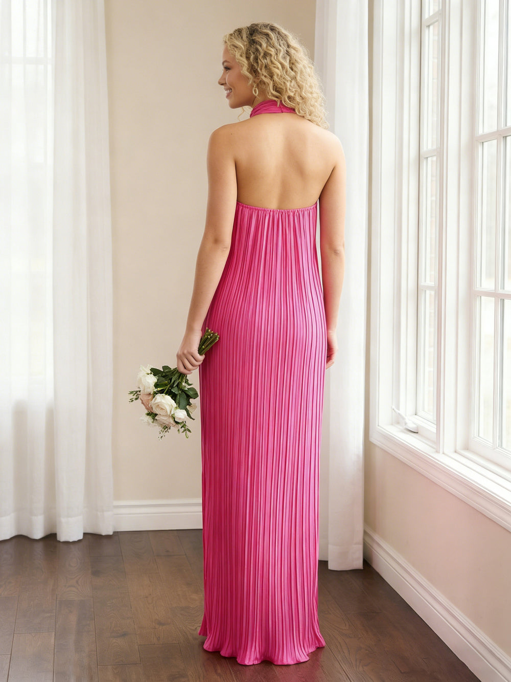 Chiffon Halter Pleated Column Long Wedding Guest Dresses